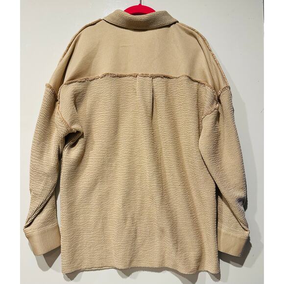 Pink Lily Mad About You Tan Ribbed SHACKET Size M Jacket Lightweight Full Button - Picture 3 of 6